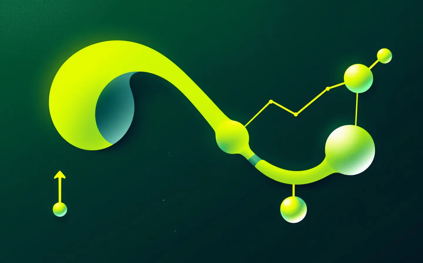 Clean confident illustration of an abstract NAD+ dinucleotide coenzyme — a nicotinamide ring and an adenine ring joined by a phosphate linker — in chartreuse-lime with a brighter lime redox-active node, on a deep forest-green ground
