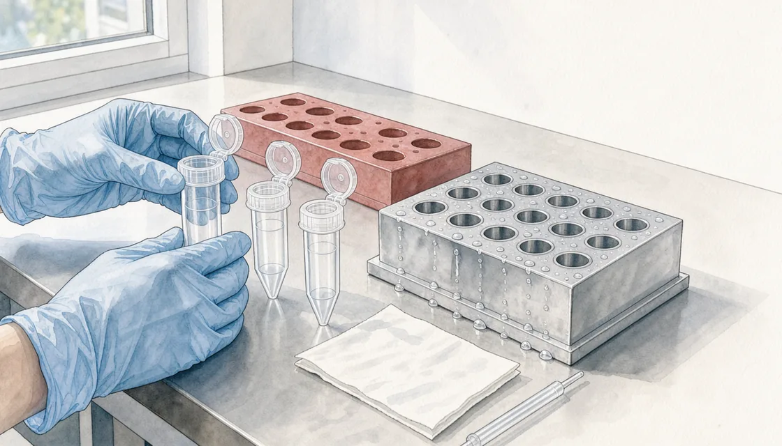 Gloved hands arrange clear reaction tubes beside a chilled metal block.